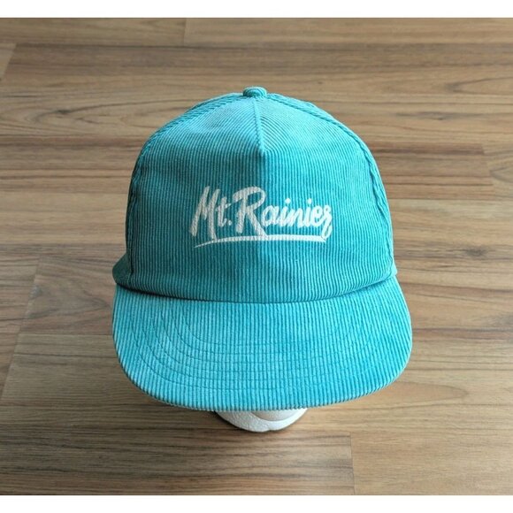 Vintage 80s Mt Rainier WASHINGTON SCRIPT Corduroy Triangle Headwear HAT Teal - Picture 1 of 10